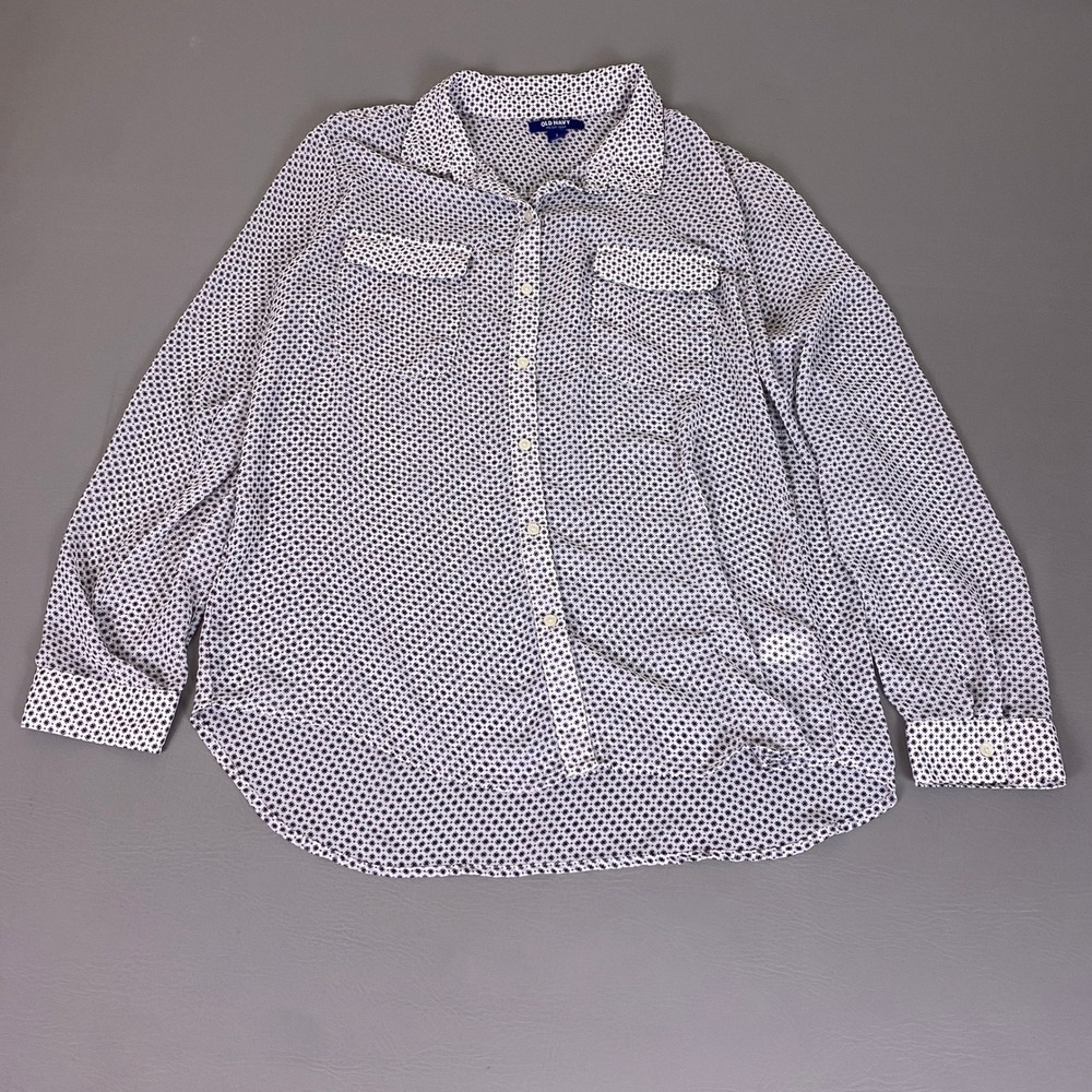 Old Navy Button Down Shirt Women's Large White Black Geometric Print Long Sleeve